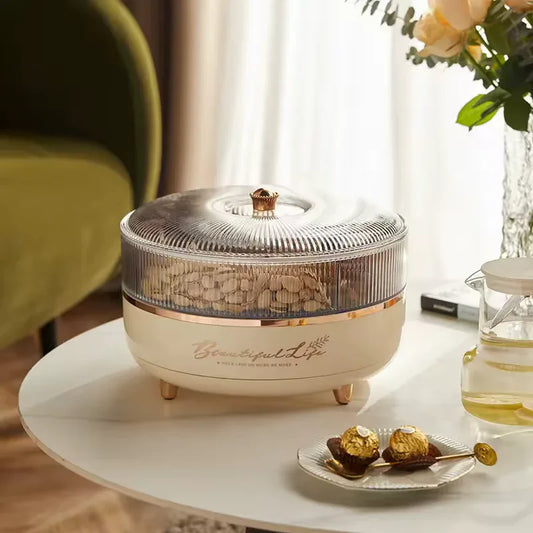 360° Rotating Snack Storage Box – Transparent Candy & Dried Fruit Tray - Clarify.pk