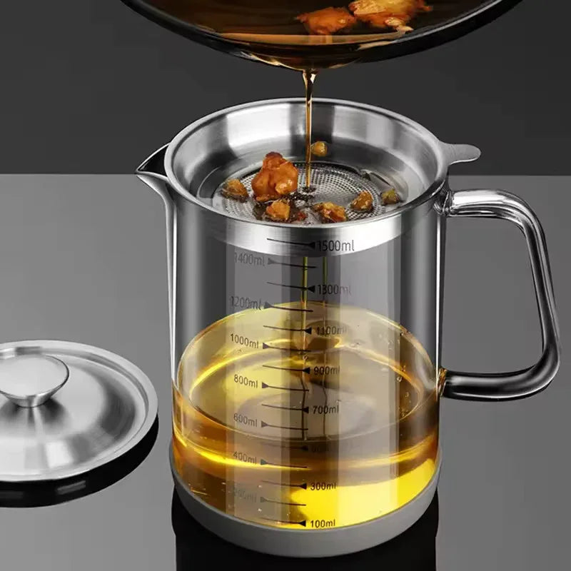 Transparent Glass Oil Filter Pot – Kitchen Grease Separator with Scale (1L) - Clarify.pk