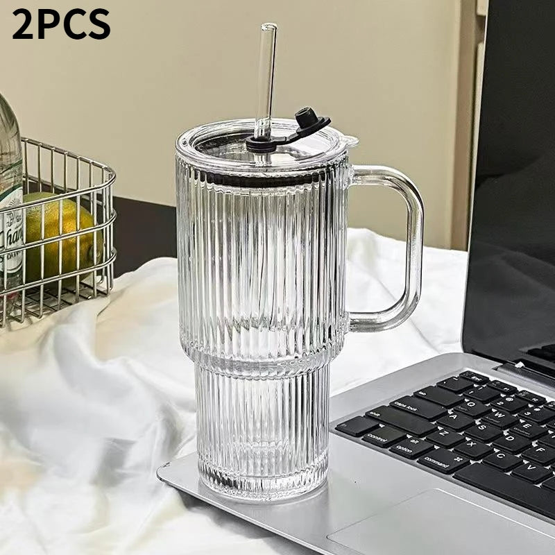 1pcs/2pcsLarge Capacity Glass Cup with Straw and Lid, Heat Resistant Coffee Mug, Office Water Bottle, Durable and Stylish Design