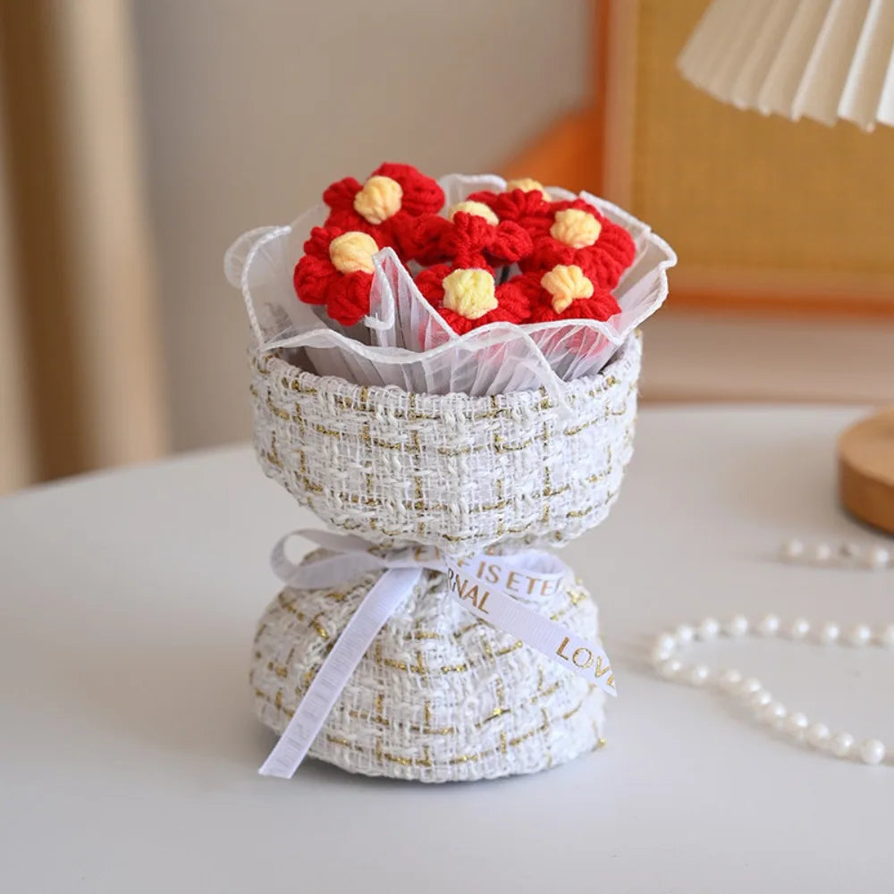 Knitted Crochet Flowers Bouquet Finished Bouquet Knited Flower Puff Flower Bouquet Graduation Gift Mini Handmade Flower Bouquet