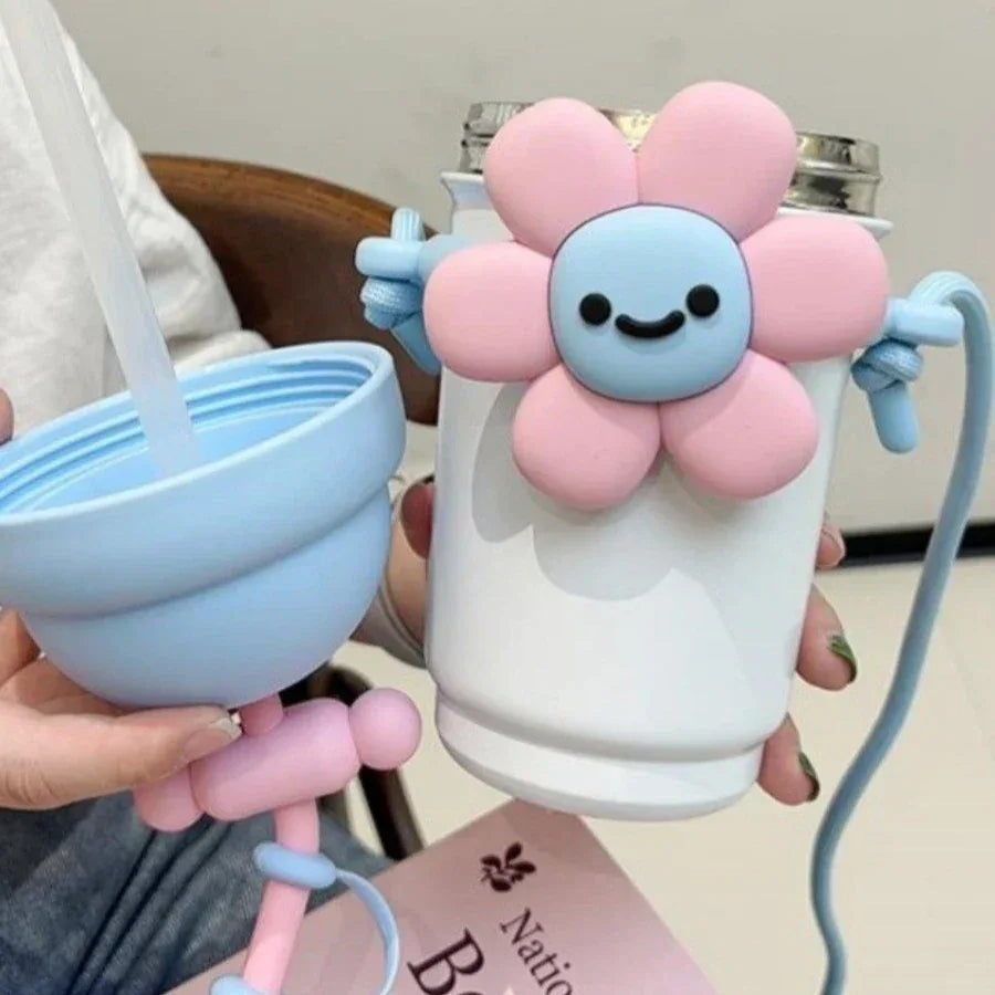 Cartoon Vacuum Straw Cup – Stainless Steel with Carry Rope - Clarify.pk