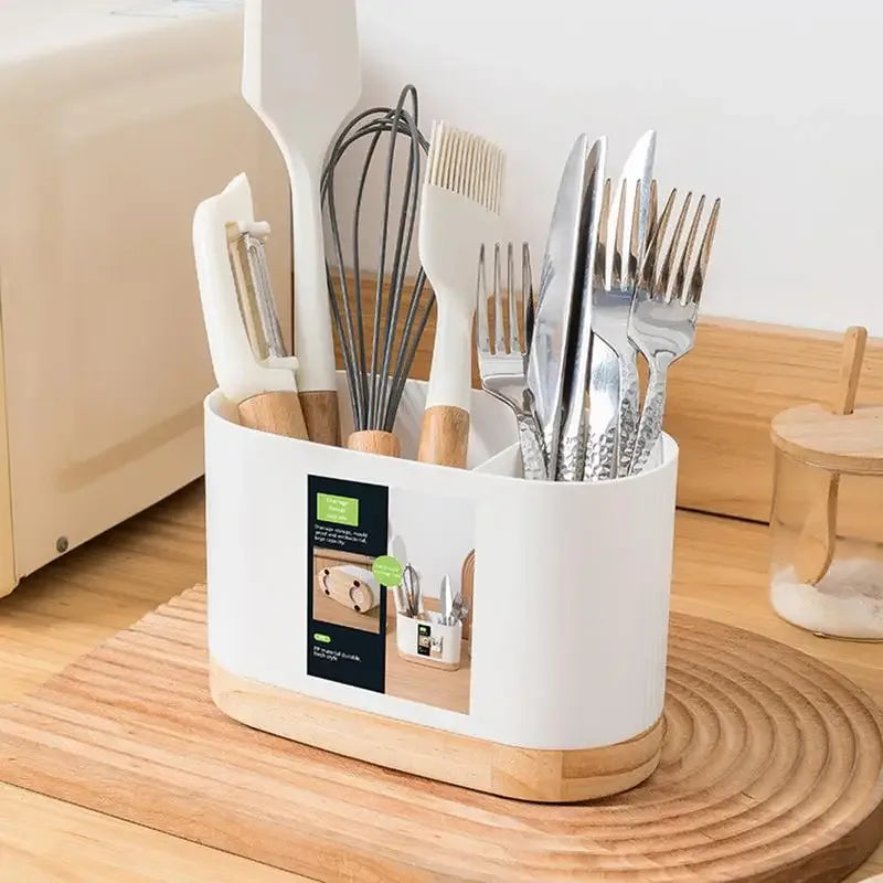 Kitchen Tableware Utensil Holder with Wooden Base – Cutlery Drainer - Clarify.pk