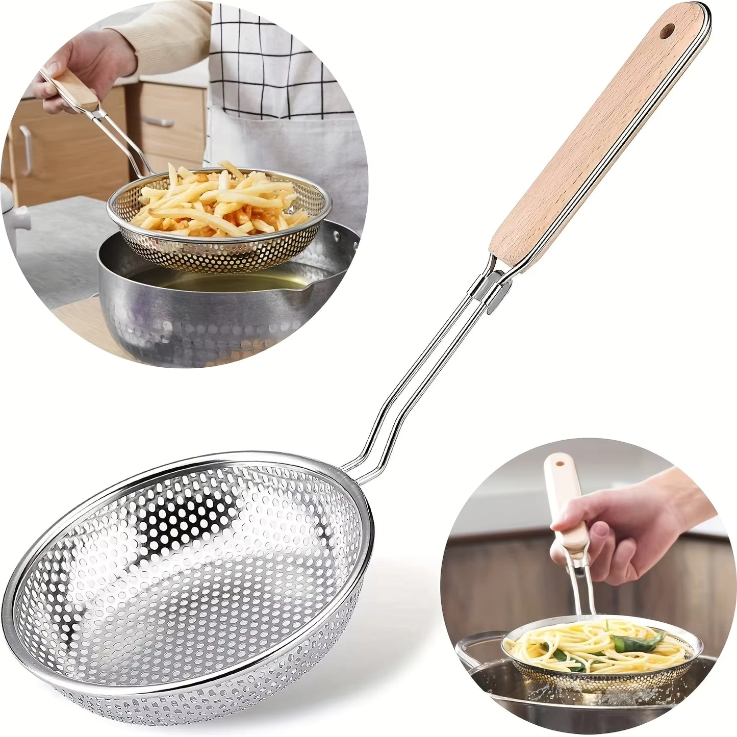 Stainless Steel Fine Mesh Strainer – Heavy-Duty Juice & Pakora Skimmer with Heat-Resistant Wood Handle