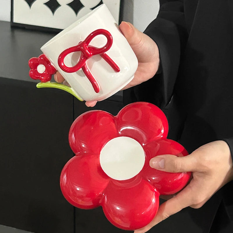 Creative Bow Ceramic Mug Home Three-dimensional Flower Coffee Cup Saucer Exquisite Girls Office Breakfast Milk Cup Birthday Gift