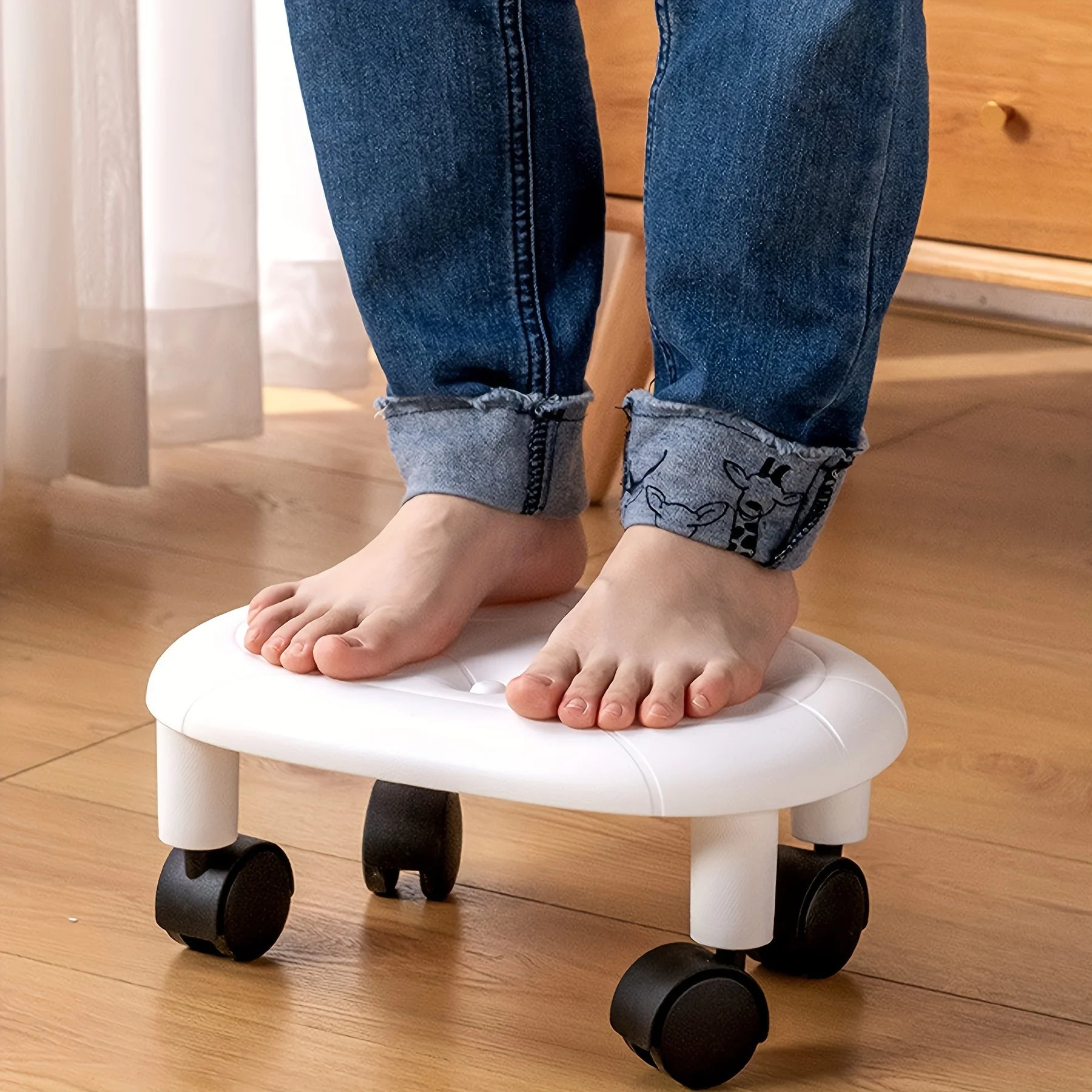 Rolling Low Stool with Wheels - Durable Plastic Oval Footstool, 360° Casters - Perfect for Entryway Shoe Changing, Bathroom