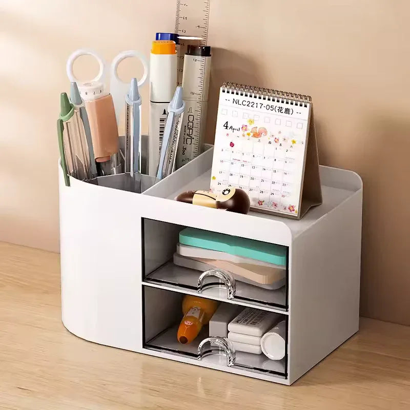 Pen holder office desktop storage box, large capacity student stationery sorting box, desk storage shelf - Clarify.pk