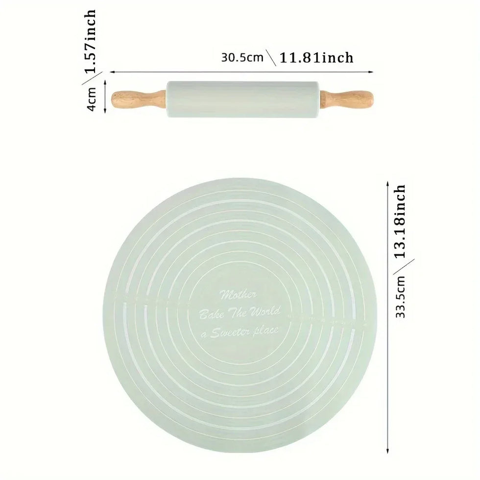 Wooden Rolling Silicone Pin & Baking Mat Set - Clarify.pk