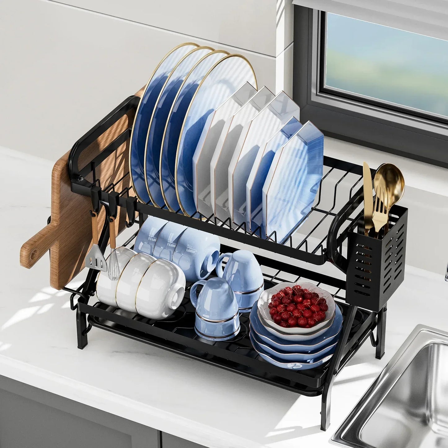 Premium 2-Tier Dish Drying Rack with Drainboard - Clarify.pk