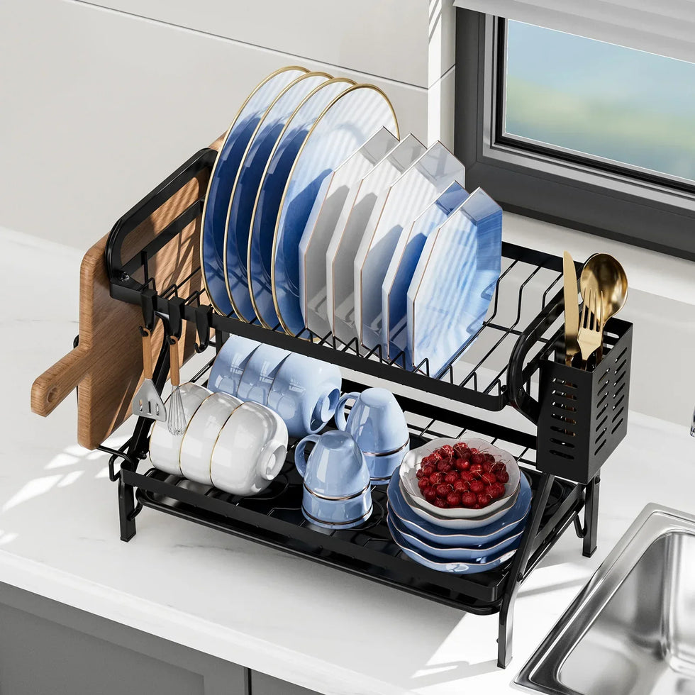 Premium 2-Tier Dish Drying Rack with Drainboard - Clarify.pk