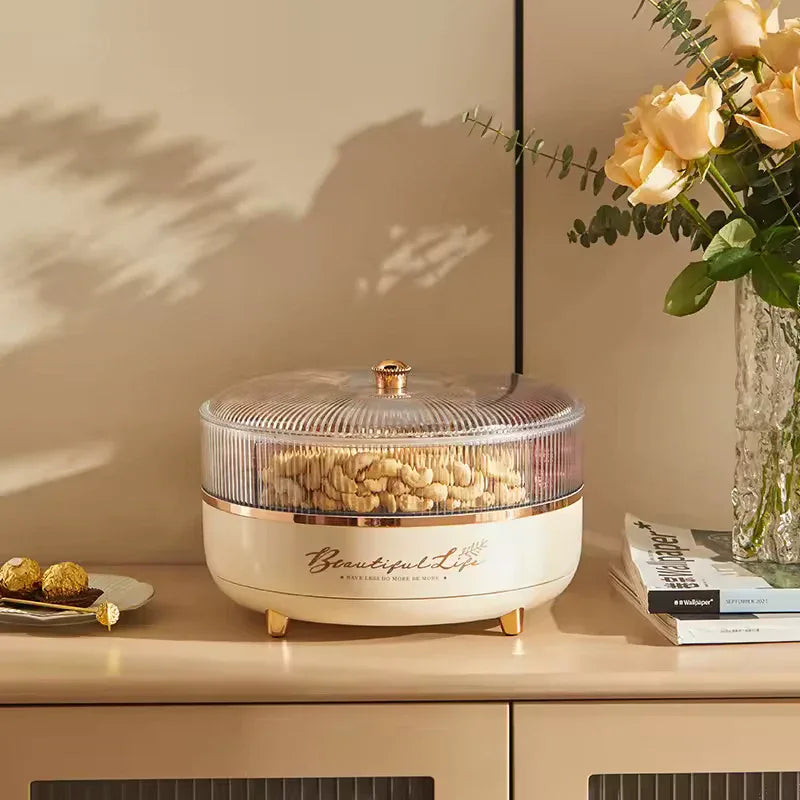 360° Rotating Snack Storage Box – Transparent Candy & Dried Fruit Tray