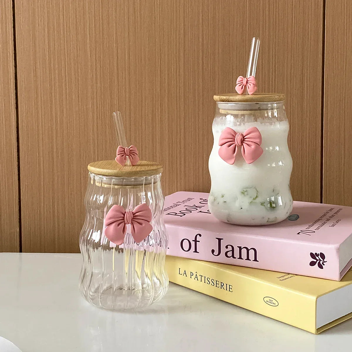 Bow Glass Water Cup with Straw – Cute Drinking Cup (400ml) - Clarify.pk