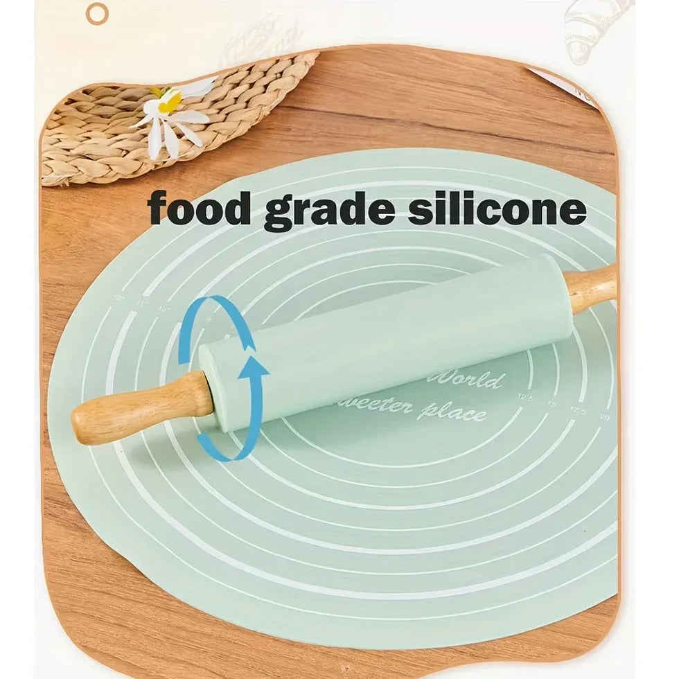 Wooden Rolling Silicone Pin & Baking Mat Set - Clarify.pk