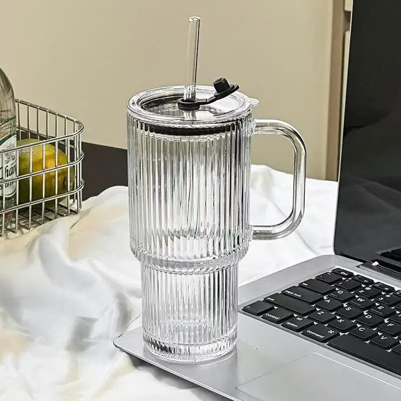 Glass Tumbler with Handle & Straw – 750ml Leak-Proof Mug