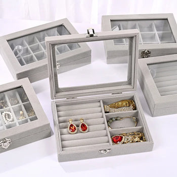 4 Colors Velvet Jewelry Box Necklace Ring Storage Organizer Travel Jewelry Organizer with Top Glass Lid for Women Girls Gift