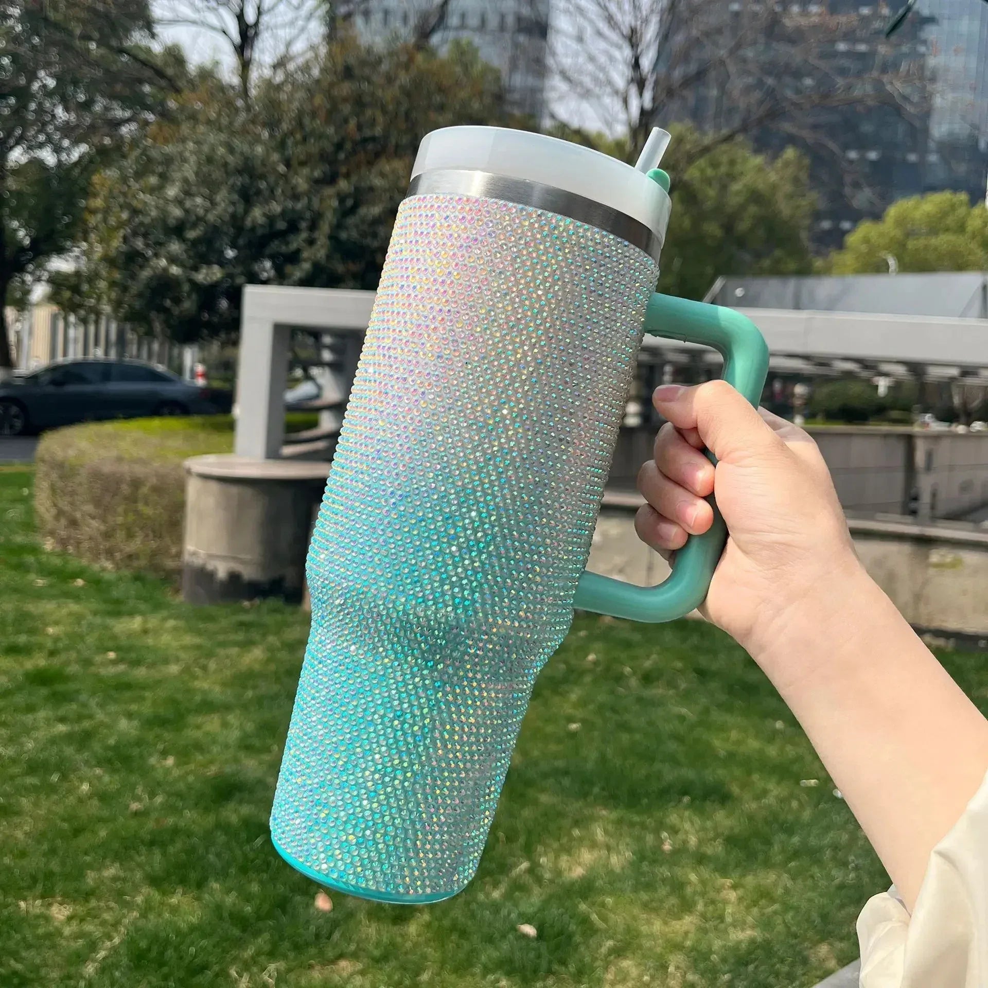 ہینڈل کے ساتھ 40oz Rhinestone ڈبل شیڈ ٹمبلر (بے ترتیب رنگ)