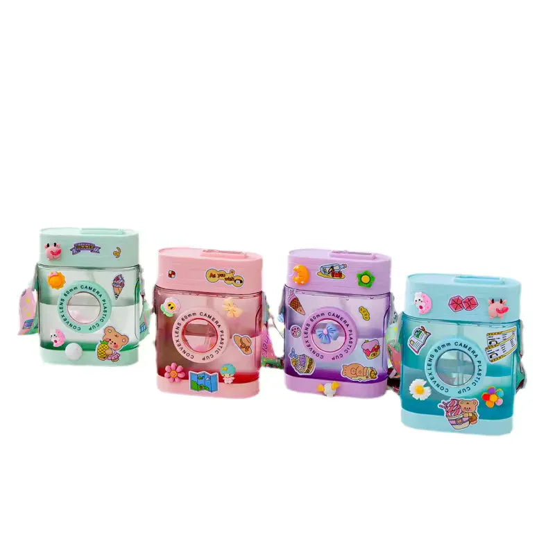 400ml کیمرے کی شکل والی پانی کی بوتل - پٹے کے ساتھ Kawaii سٹرا بوتل
