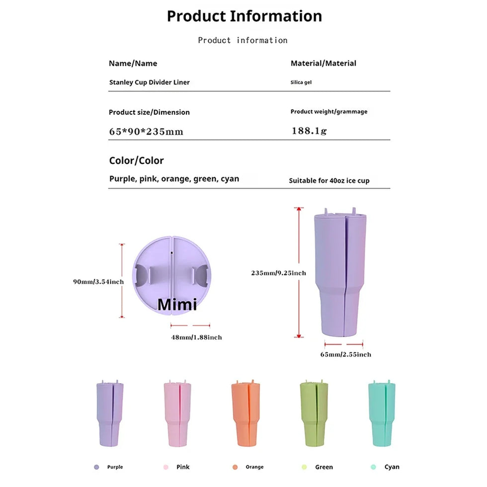 Silicone Water Bottle Liner Drink Divider - Double-Flavor Insert for 40oz Tumblers