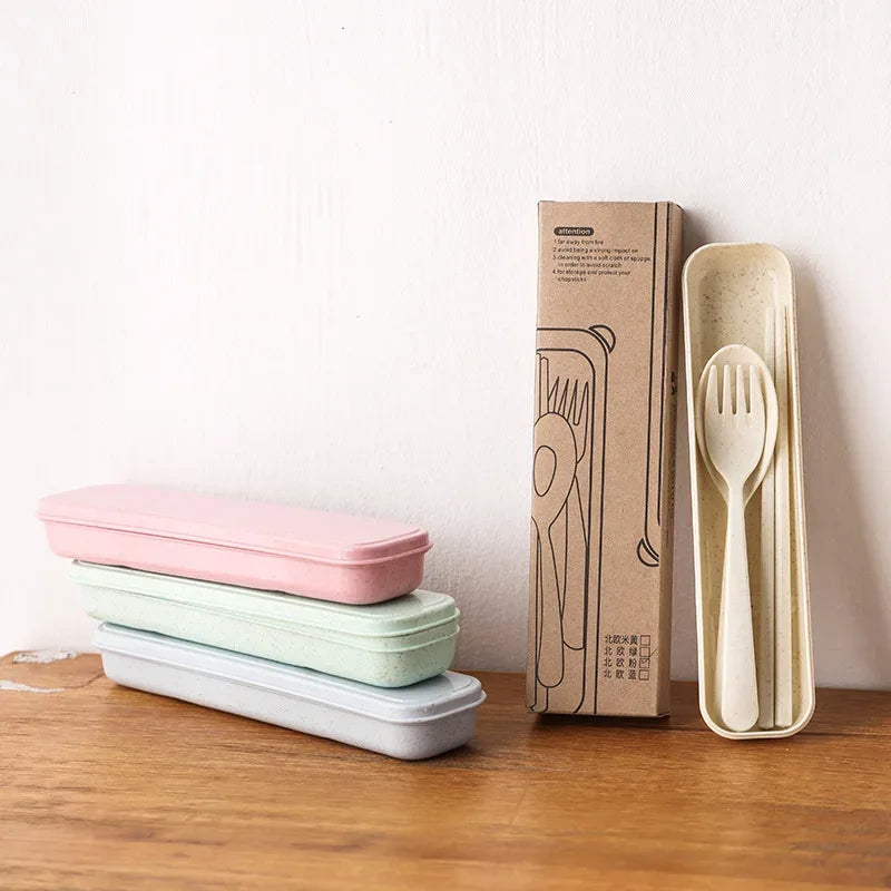 3pcs Portable Tableware Set – Spoon, Fork & Chopsticks (Random Color) - Clarify.pk