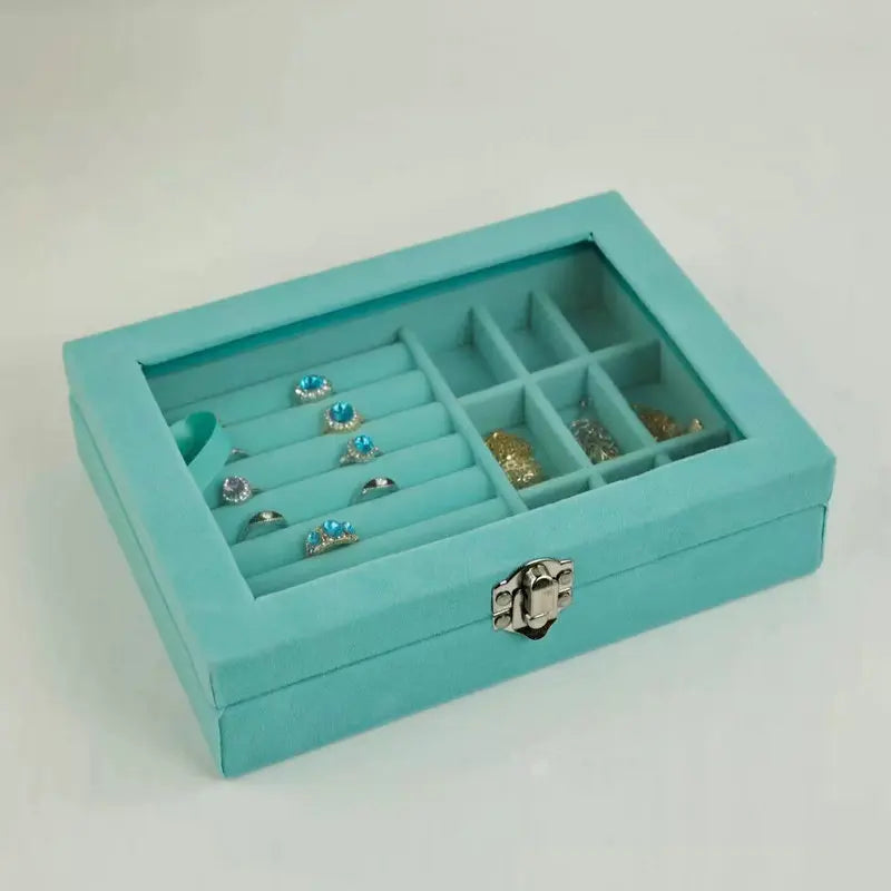 Velvet Jewelry Storage Organizer - Luxury Glass Lid Ring & Necklace Box (Random color)