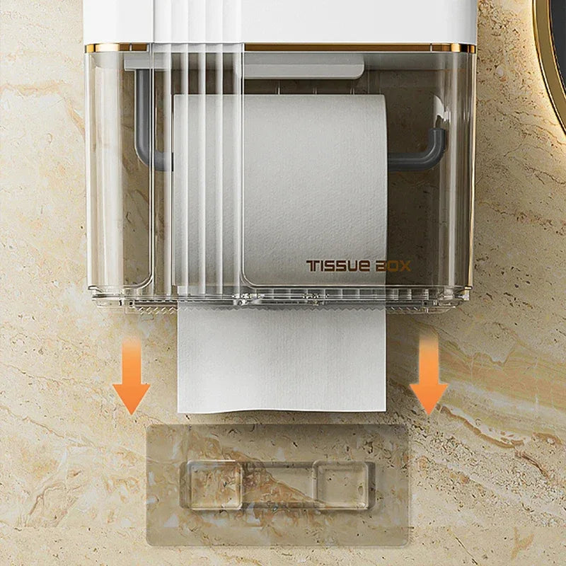 Punch-Free Toilet Paper Holder Box – Waterproof Bathroom Tissue Organizer with Storage Shelf - Clarify.pk