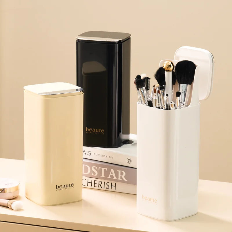 Automatic Lifting Makeup Brush Organizer - 4-Grid Dustproof Cosmetic Tool Bucket