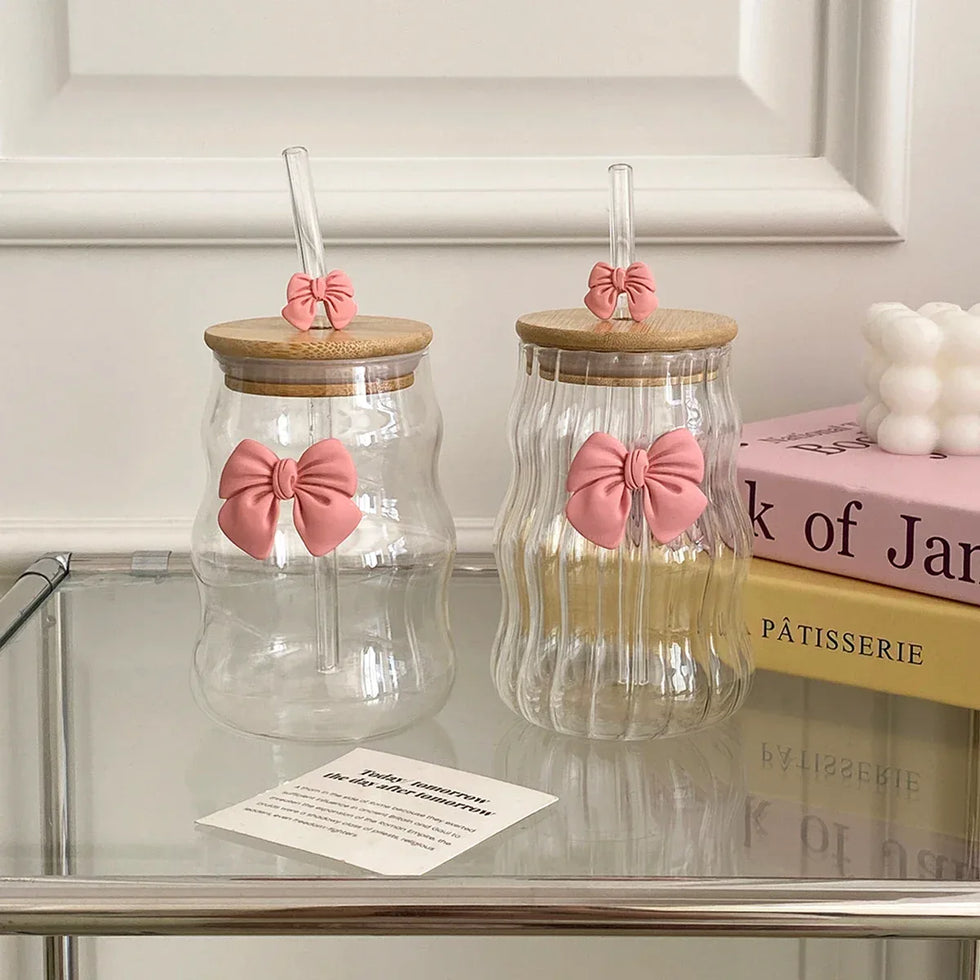 Bow Glass Water Cup with Straw – Cute Drinking Cup (400ml) - Clarify.pk