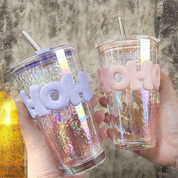 Kawaii Water Bottle For Coffee Juice Tea Cute Tumbler Glass Cup With Straw Lid Portable Reusable Drinking Bottle Straw Water Cup