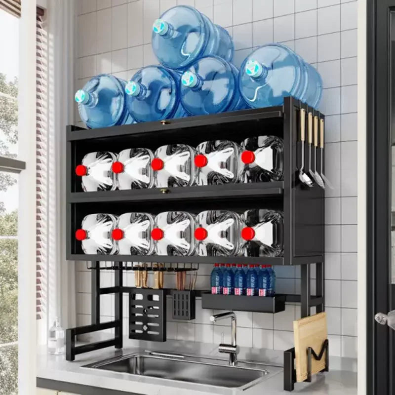 Double-Layer Kitchen Counter Dish Rack – Sink Drain Organizer with Knife Cup & Chopstick Tube - Clarify.pk