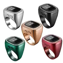 Diamond LED Smart Zikr Ring – Luxury Rechargeable Digital Tasbih with Crystal Arch Stand