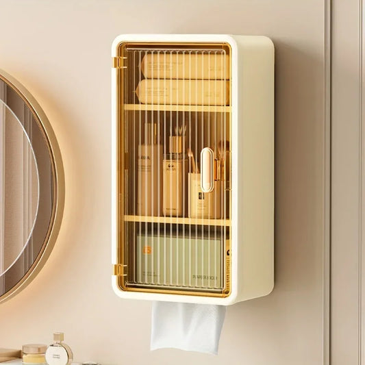 Wall Mounted Makeup Storage Box Hanging Drawer-type Cosmetics Organizer Punch Free Dust-proof Storage Rack with Lid Tissue Box - Clarify.pk