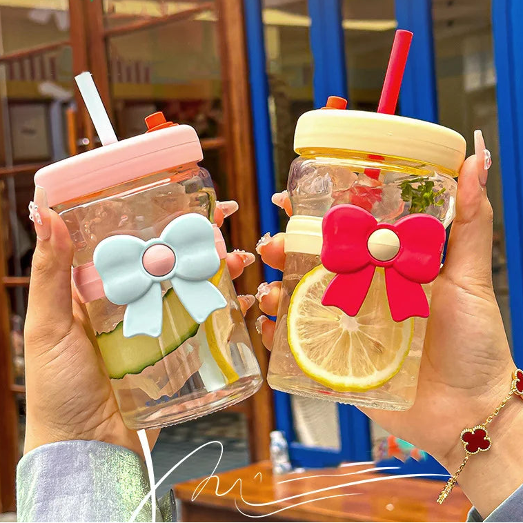 400ml Bow Glass Straw Cup – Leak-Proof Heat Resistant Mug