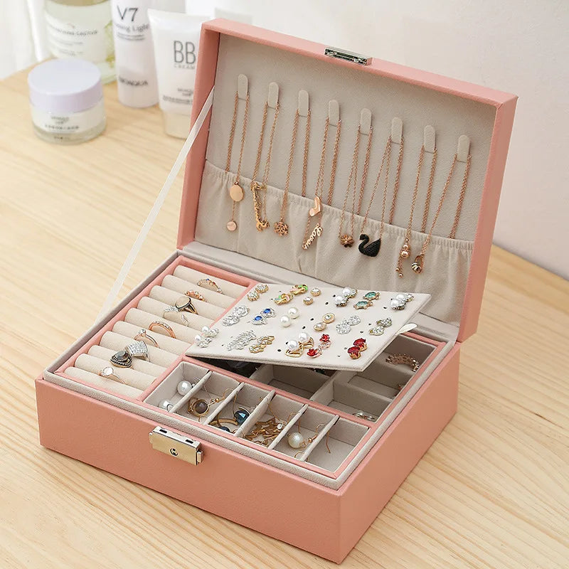Double Layer Jewelry Organizer Box - Lockable Cosmetic Storage Case