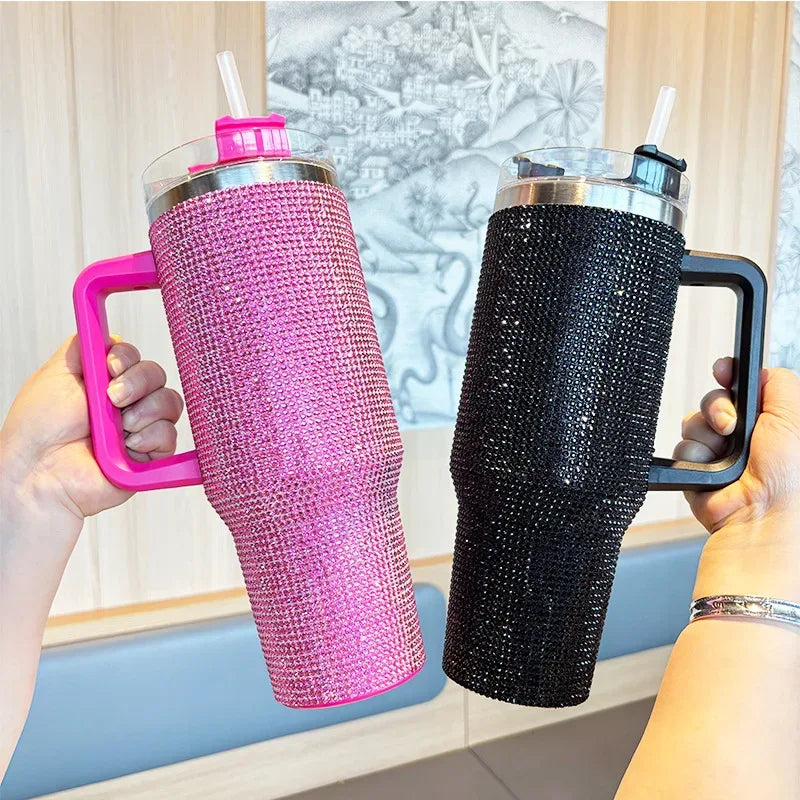 ہینڈل کے ساتھ پریمیم 40oz Rhinestone Bling Tumbler (رینڈم کلر)