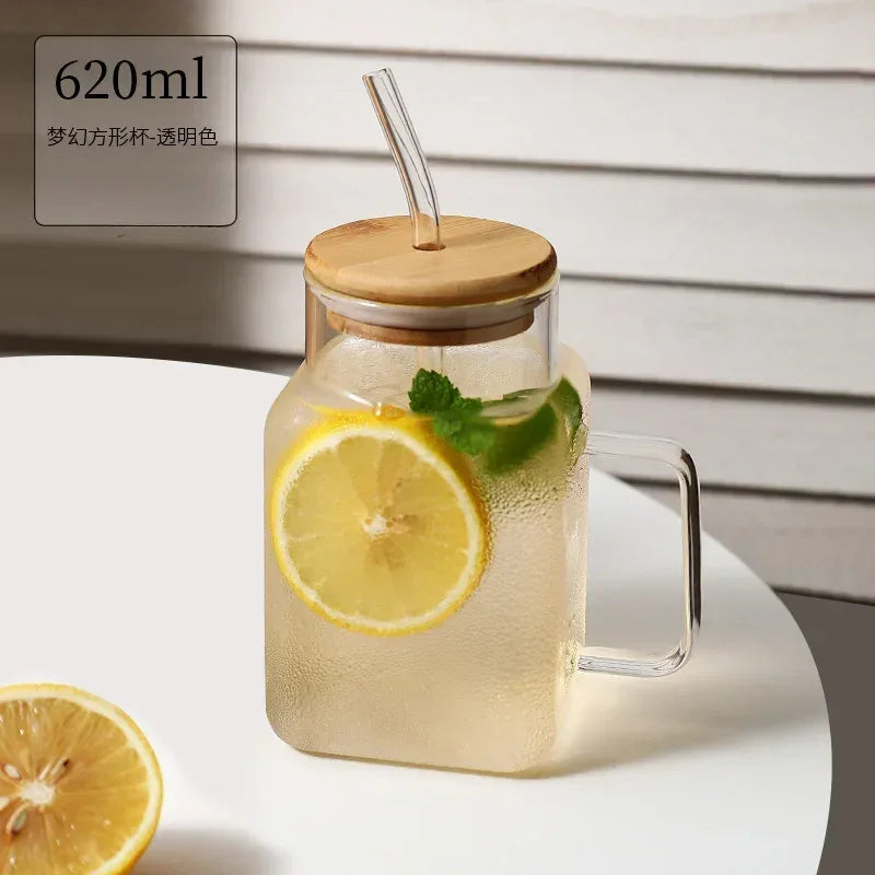 Square Mason Jar with Straw – Glass Drinking Cup (620ml) - Clarify.pk