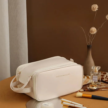 Portable Travel Cosmetic Bag Women's Small High Capacity Luxury Handbag Style Multi-Purpose PU Material Makeup Organizer