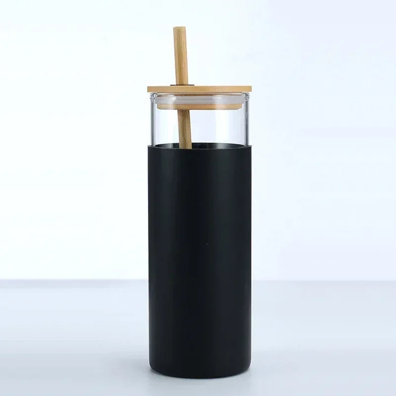 Glass Tumbler with Bamboo Lid With Random Color Cover - Clarify.pk