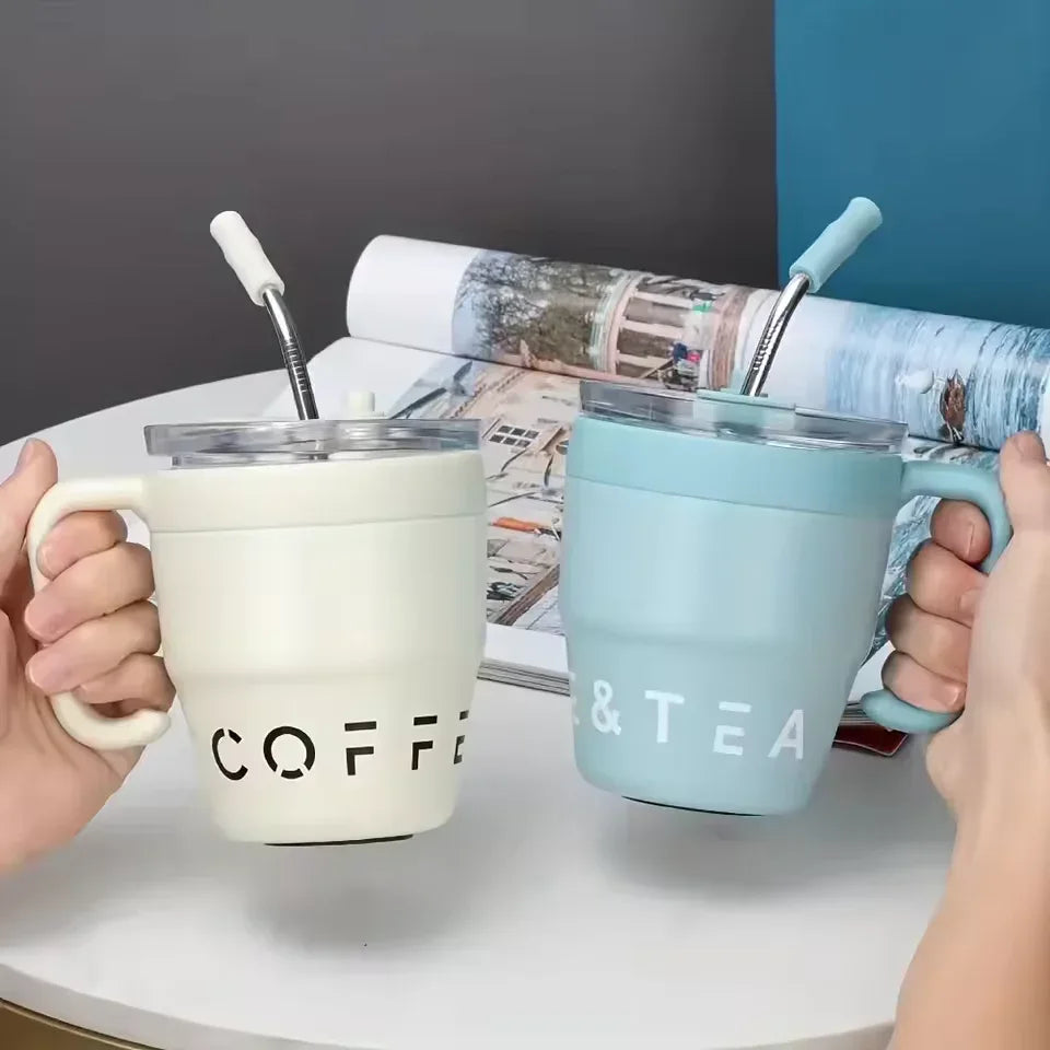 سٹینلیس سٹیل سٹرا ڈھکن کی بوتل 480ml - گرم اور ٹھنڈا تھرموس (بے ترتیب رنگ)