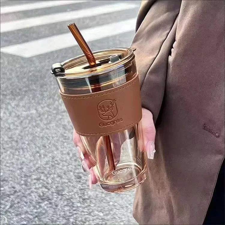 Glass Water Cup with Straw & Leather Handle Sleeve – High Aesthetic Coffee Mug (Random Color) - Clarify.pk