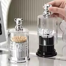 Transparent Acrylic Cotton Swab & Toothpick Holder with Chrome Figurine Lid