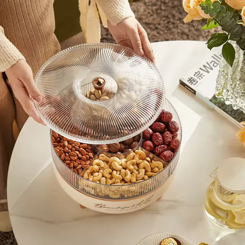 360° Rotating Snack Storage Box – Transparent Candy & Dried Fruit Tray