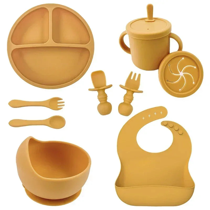 Silicone Baby Tableware Set – Bowl, Spoon, Fork, Bib & Plate - Clarify.pk