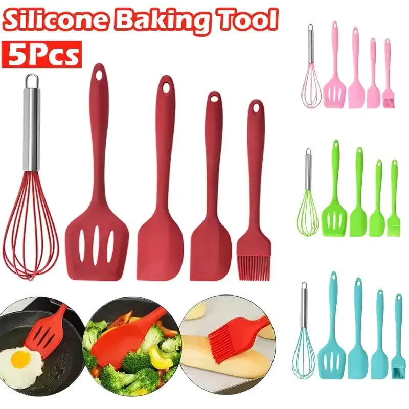 5-Piece Silicone Baking Tool Set – Scraper, Oil Brush, Shovel & Egg Beater (Random Color)