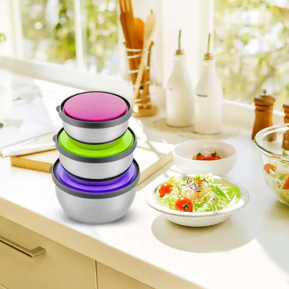3-Piece Stainless Steel Preserve Bowls Set – Food Containers with Lids - Clarify.pk
