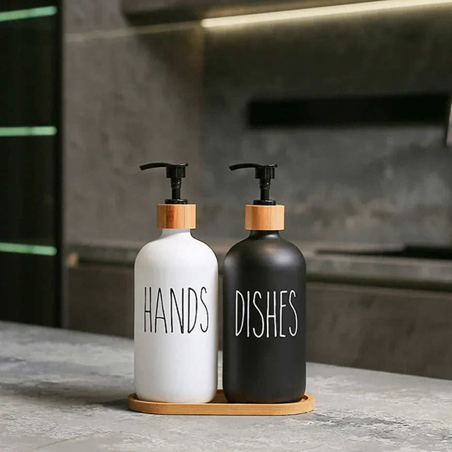 Matte Black & White Soap Dispenser Set with Bamboo Pump - Clarify.pk