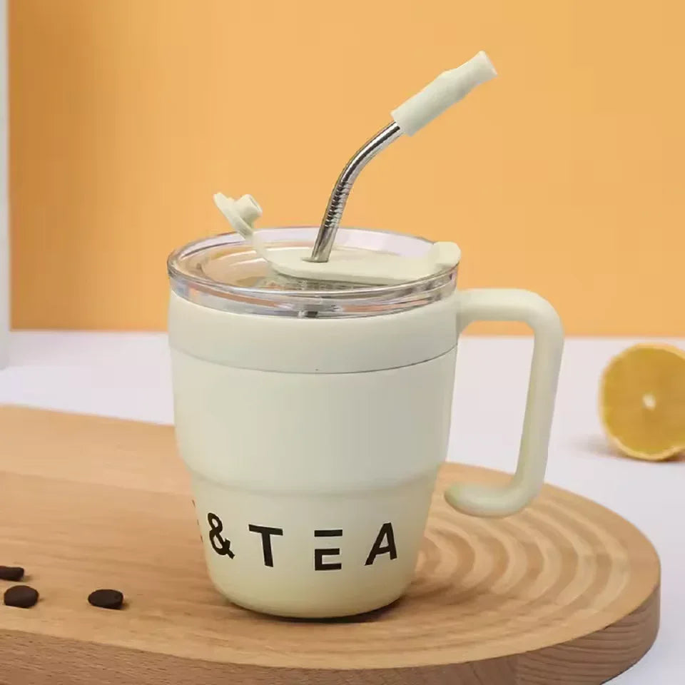 سٹینلیس سٹیل سٹرا ڈھکن کی بوتل 480ml - گرم اور ٹھنڈا تھرموس (بے ترتیب رنگ)