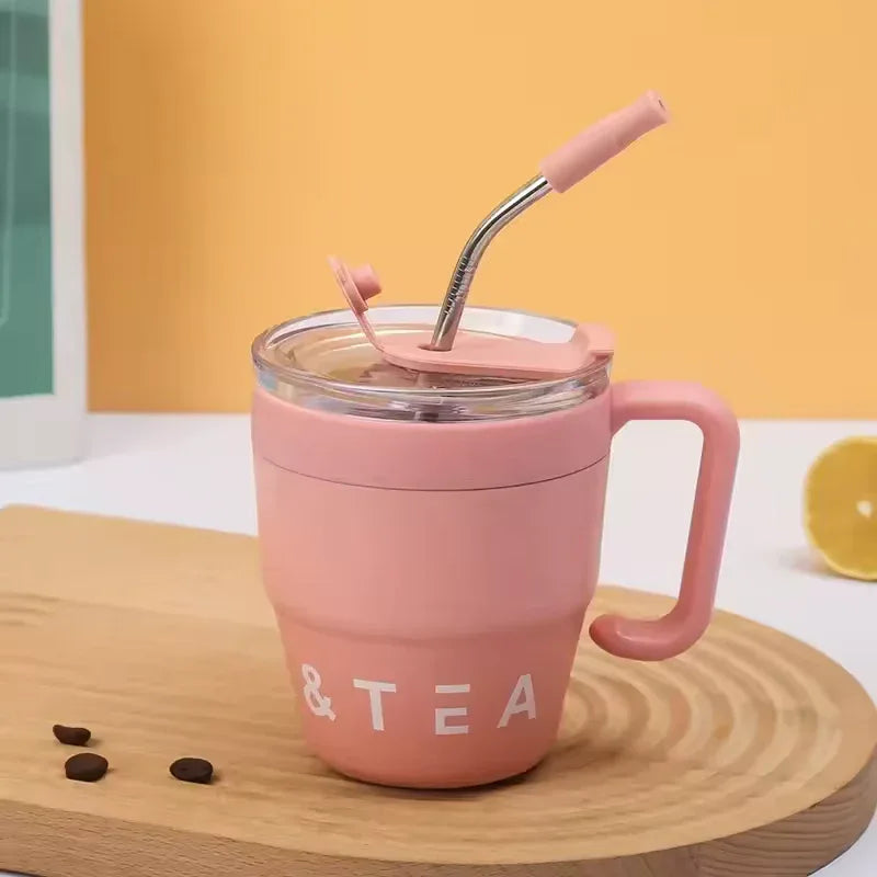 سٹینلیس سٹیل سٹرا ڈھکن کی بوتل 480ml - گرم اور ٹھنڈا تھرموس (بے ترتیب رنگ)