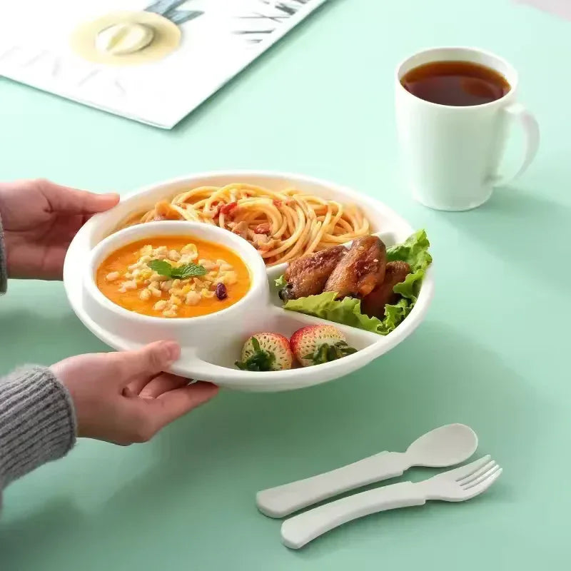 4 Compartment Round Dinner Plate with Fork & Spoon – Microwave Safe