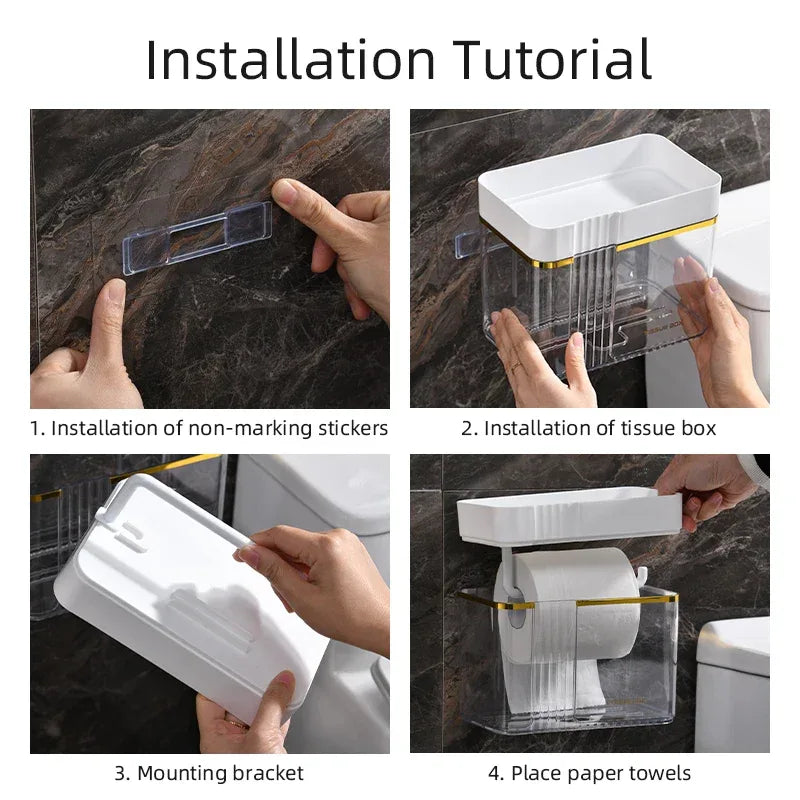 Punch-Free Toilet Paper Holder Box – Waterproof Bathroom Tissue Organizer with Storage Shelf