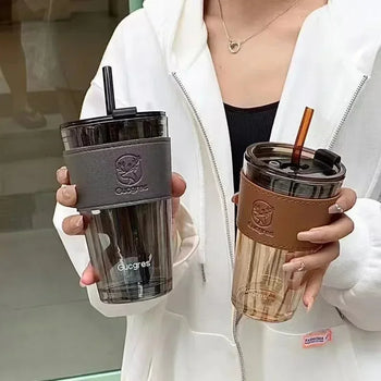 Glass Water Cup with Straw & Leather Handle Sleeve – High Aesthetic Coffee Mug (Random Color) - Clarify.pk