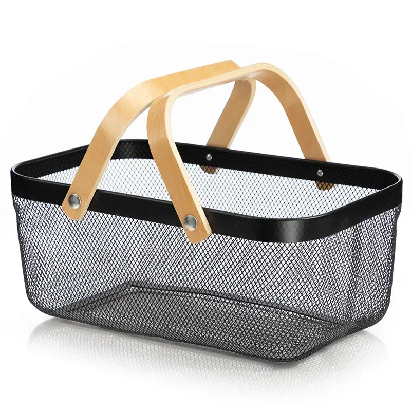 Nordic Metal Rectangular Basket – Wooden Handle - Clarify.pk
